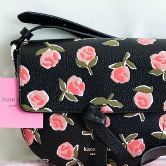 KATE SPADE Leather Embossed Ditsy Pink Rose Black Knott Adjustable Strap NWT - Picture 8 of 15